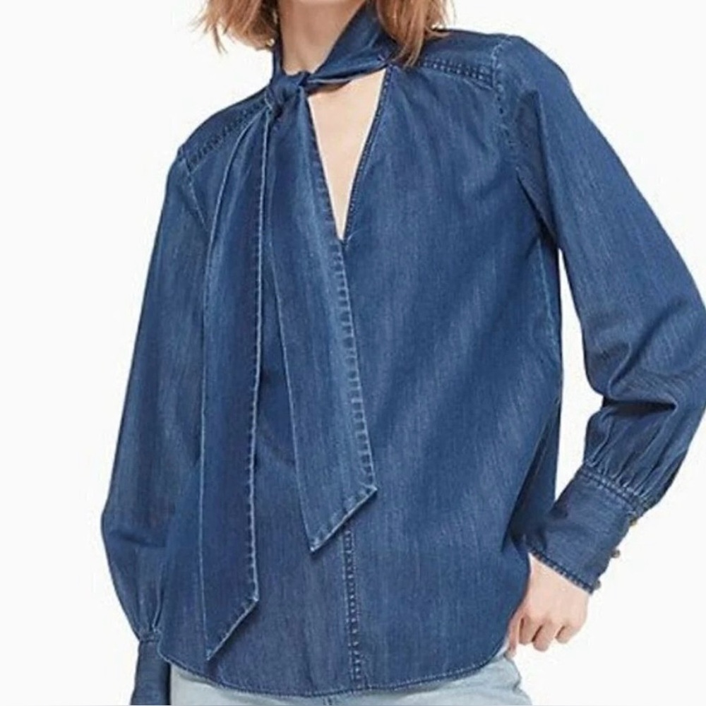 NWOT Kate spade Women's Navy Blue Tie-Neck denim Blouse Jacket size small